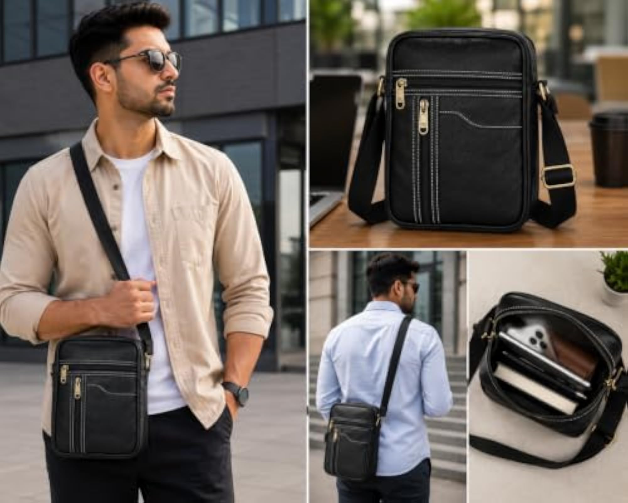 PU Leather Sling Bag for Men, Casual Messenger Bag